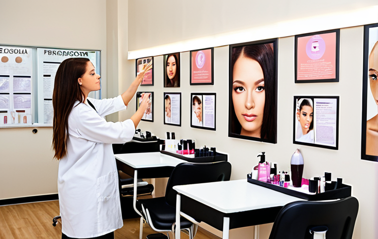 **
A brightly lit, modern beauty school classroom. Students are practicing skincare techniques on each other, with a CIDESCO-accredited diploma hanging prominently on the wall. An instructor is observing, providing guidance. The overall feel is professional and aspirational, highlighting the pursuit of global beauty credentials. Focus on clean, contemporary aesthetics.
**